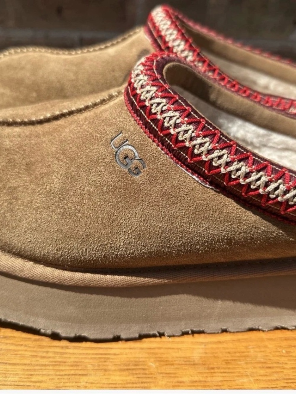 UGG Women's Chestnut Suede Tasman Slippers platforms with Red Trim